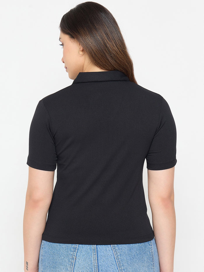 Madame Black Solid Polo T-Shirt