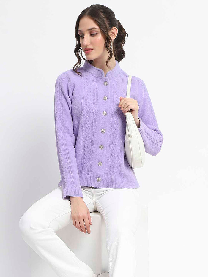 Madame Button Down Cable Knit Solid Lilac Cardigan