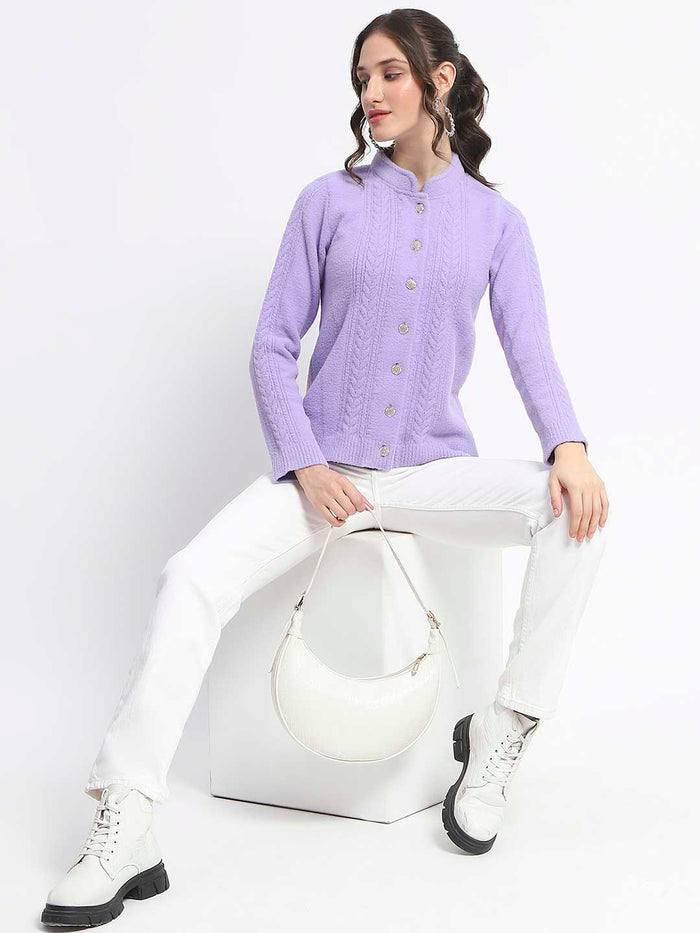 Madame Button Down Cable Knit Solid Lilac Cardigan