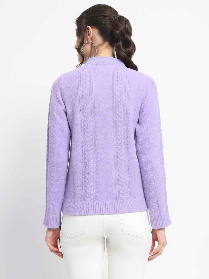 Madame Button Down Cable Knit Solid Lilac Cardigan