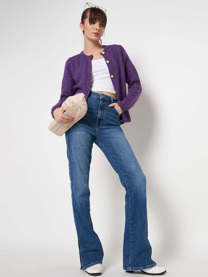 Madame Cable Knit Plum Acrylic Blend Cardigan