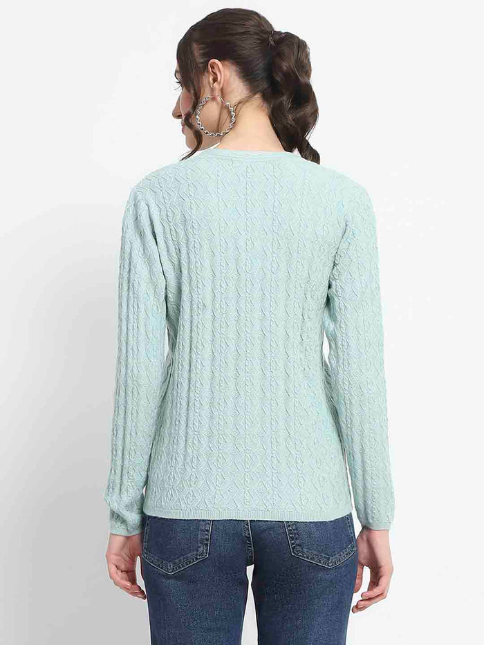 Madame Cable Knit Self Design Solid Mint Green Acrylic Cardigan