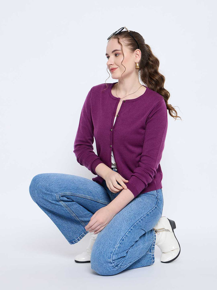 Madame Crew Neck Button Down Dark Purple Cardigan