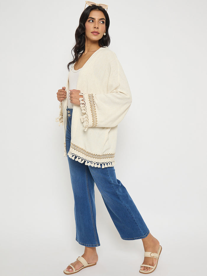 Madame Crochet Lace Trim and Tassel Detail Beige Shrug