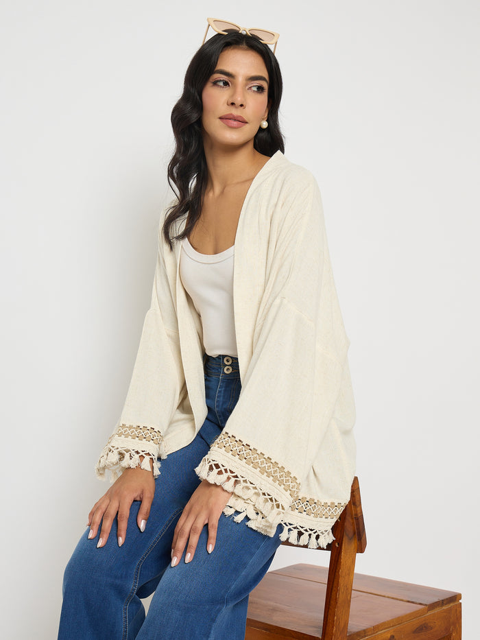 Madame Crochet Lace Trim and Tassel Detail Beige Shrug