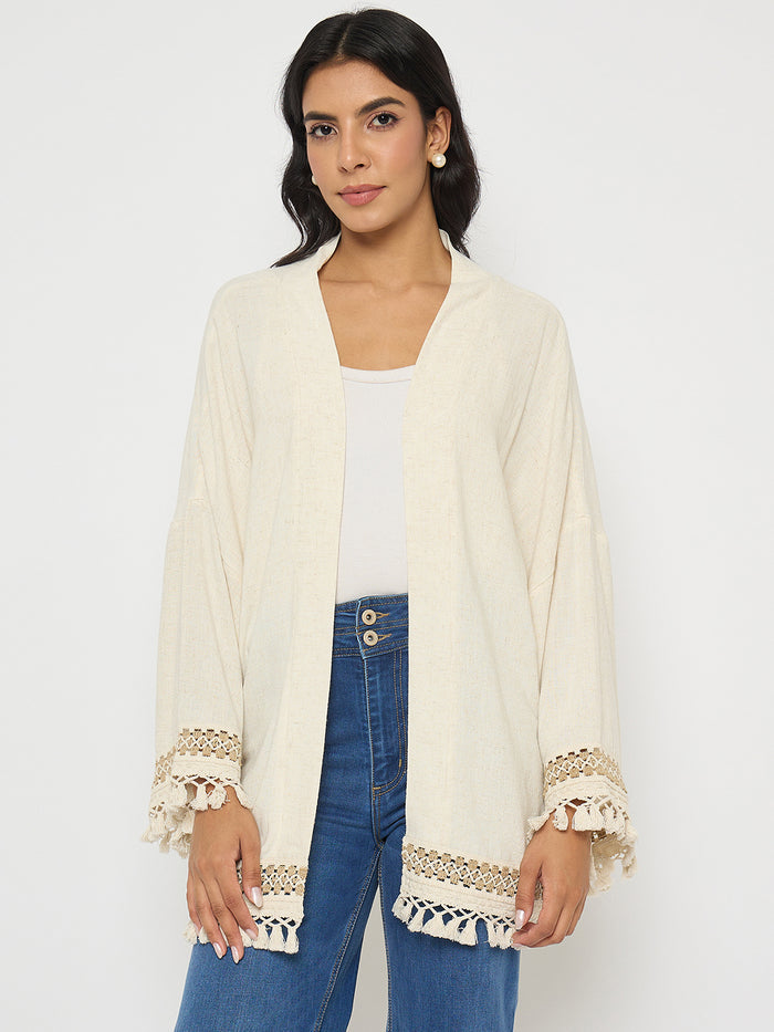 Madame Crochet Lace Trim and Tassel Detail Beige Shrug