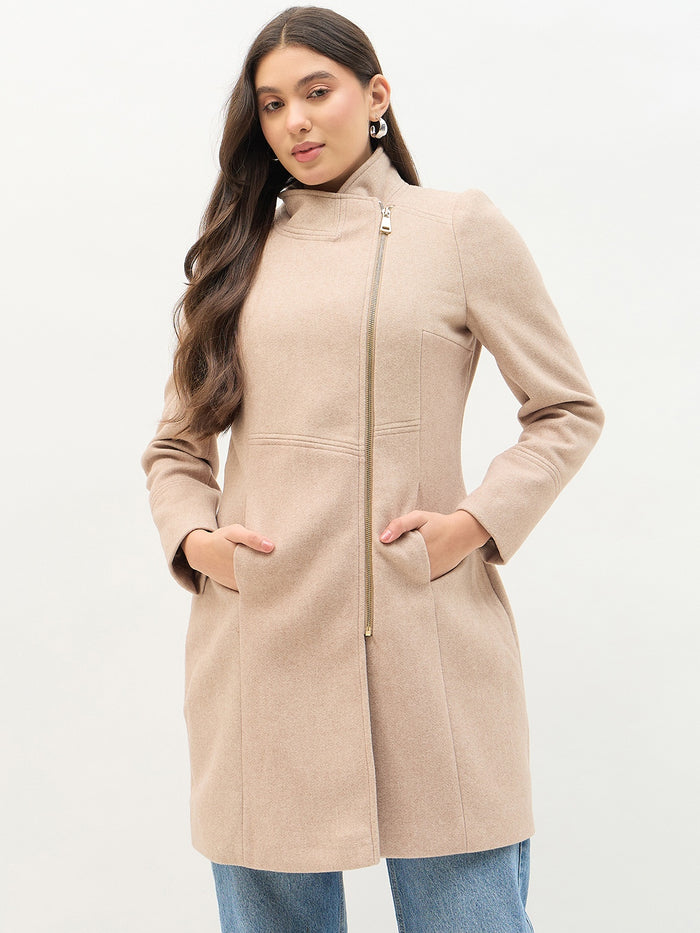 Madame Faux Fur Neckline Beige Long Coat