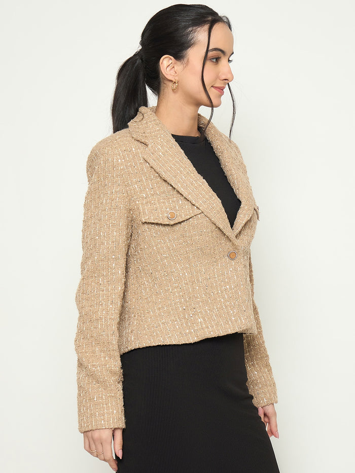 Madame Front Flap Pockets Textured Beige Blazer