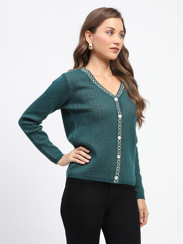 Madame Geometric Pattern V Neck Green Cardigan