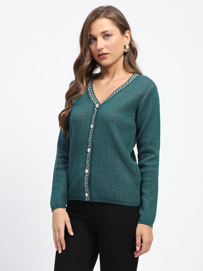 Madame Geometric Pattern V Neck Green Cardigan