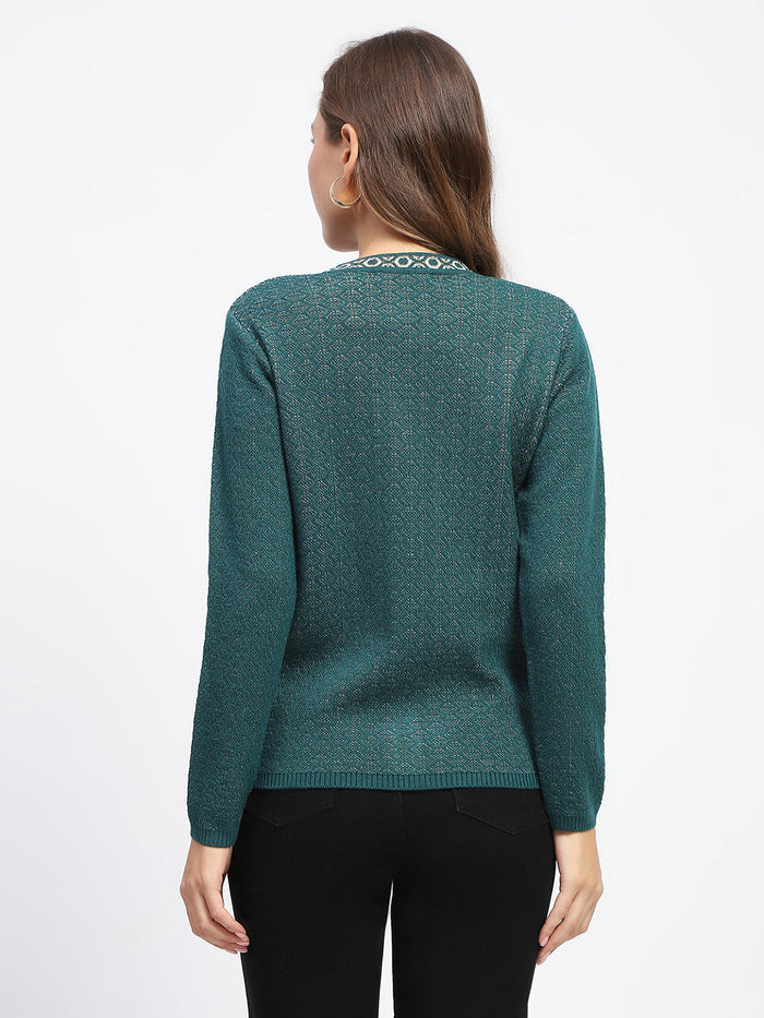 Madame Geometric Pattern V Neck Green Cardigan
