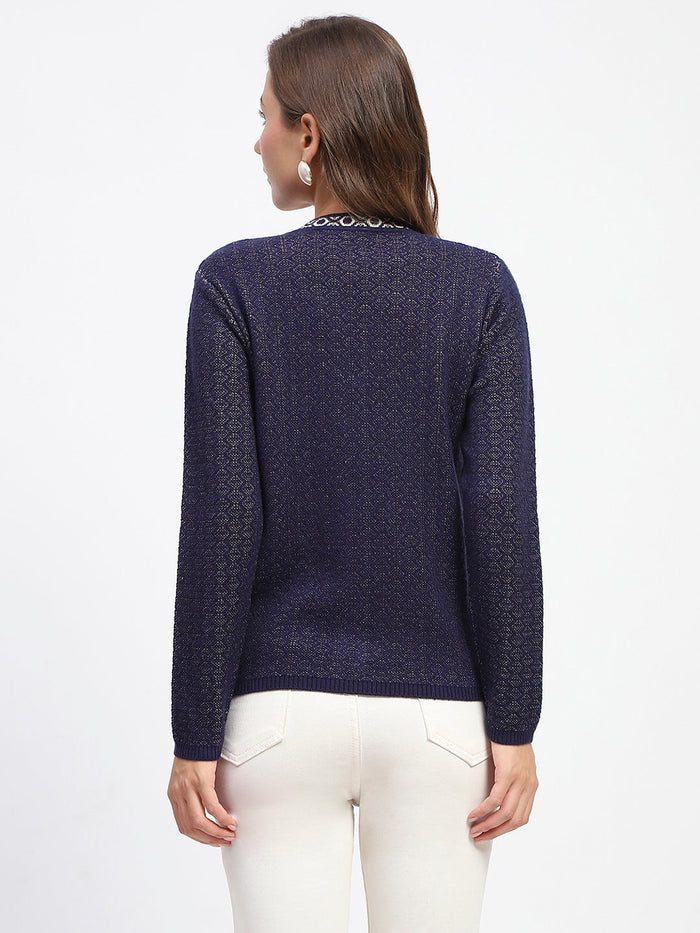 Madame Geometric Pattern V Neck Navy Blue Cardigan