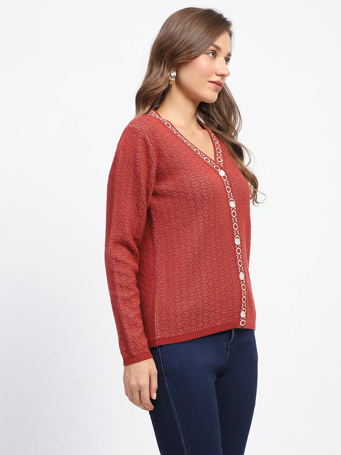 Madame Geometric Pattern V Neck Rust Cardigan