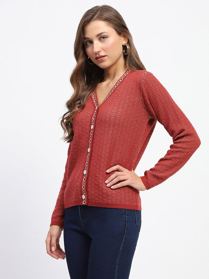 Madame Geometric Pattern V Neck Rust Cardigan