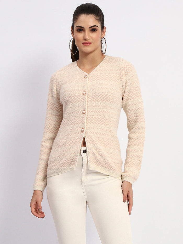 Madame Geometric Print Full Sleeve Peach Cardigan