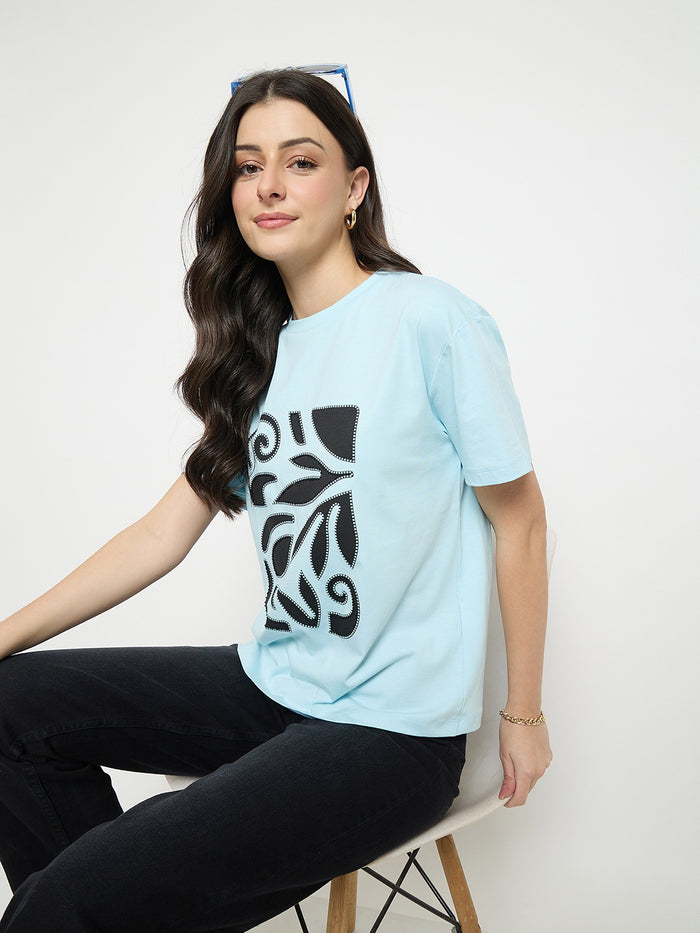 Madame Ice Blue Printed Cotton Round Neck T-Shirt