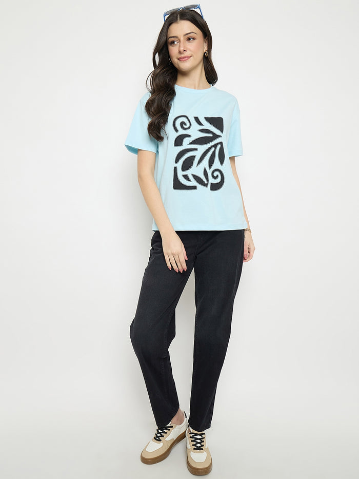 Madame Ice Blue Printed Cotton Round Neck T-Shirt