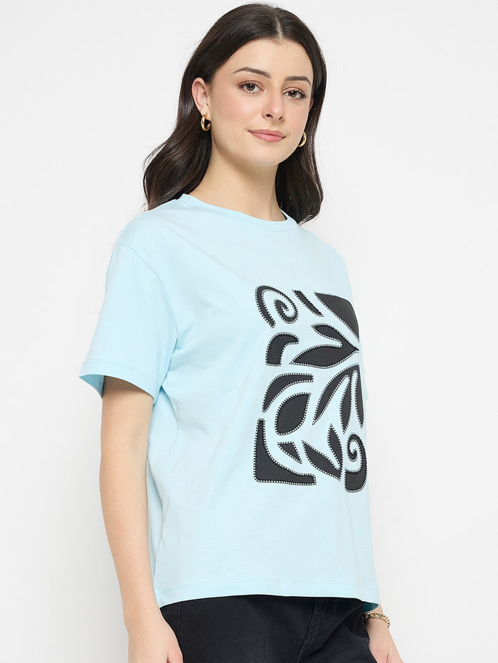 Madame Ice Blue Printed Cotton Round Neck T-Shirt