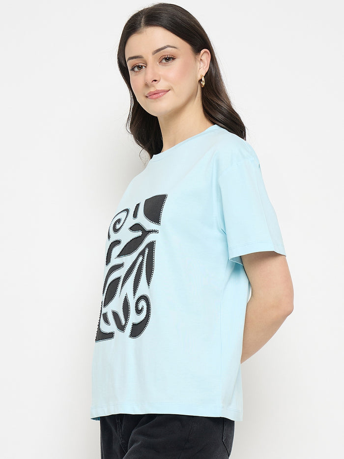 Madame Ice Blue Printed Cotton Round Neck T-Shirt