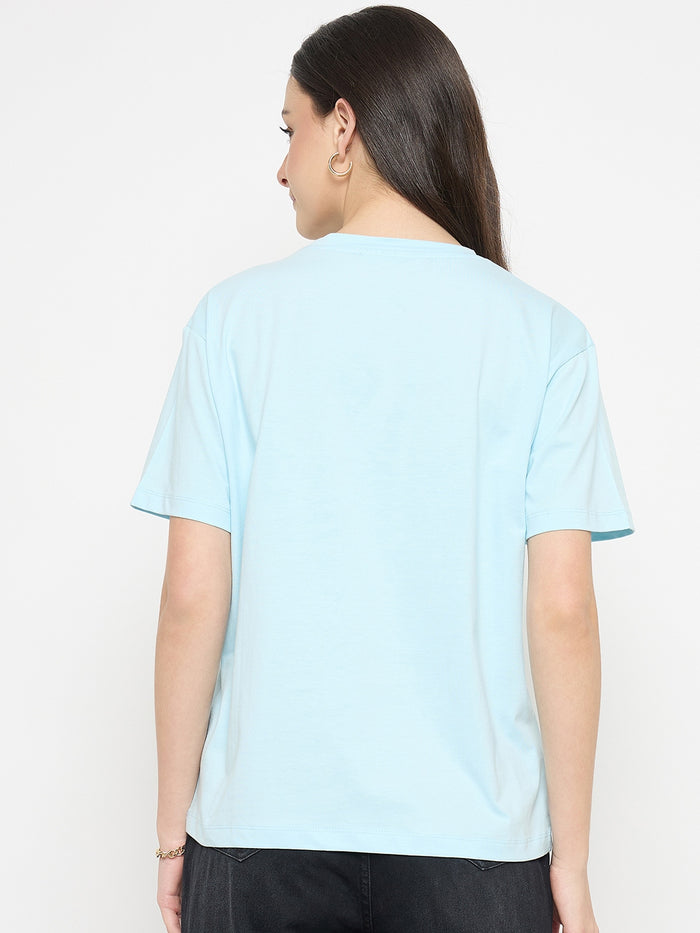 Madame Ice Blue Printed Cotton Round Neck T-Shirt