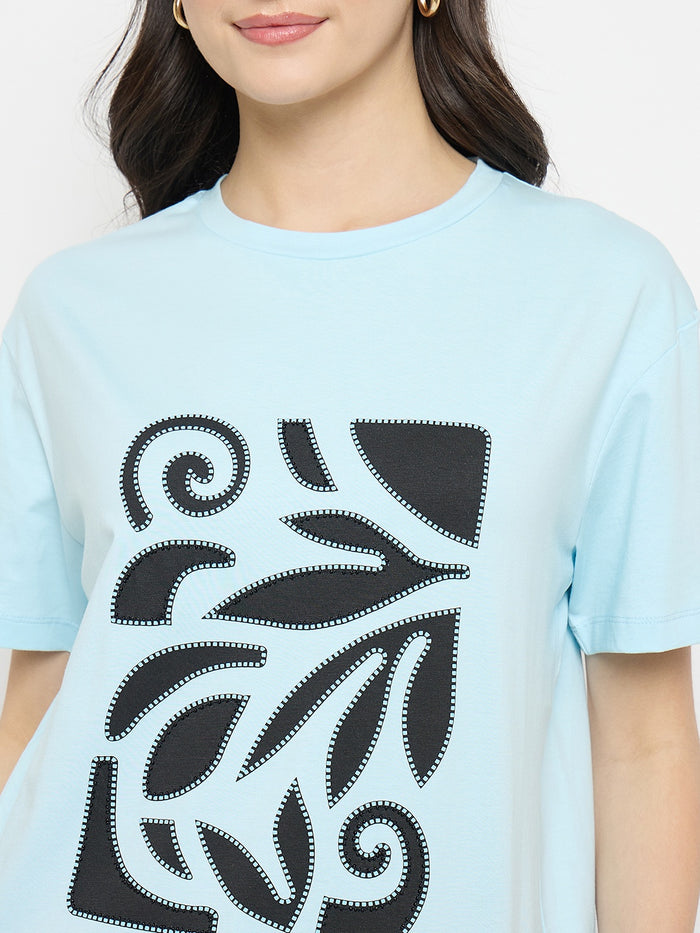Madame Ice Blue Printed Cotton Round Neck T-Shirt