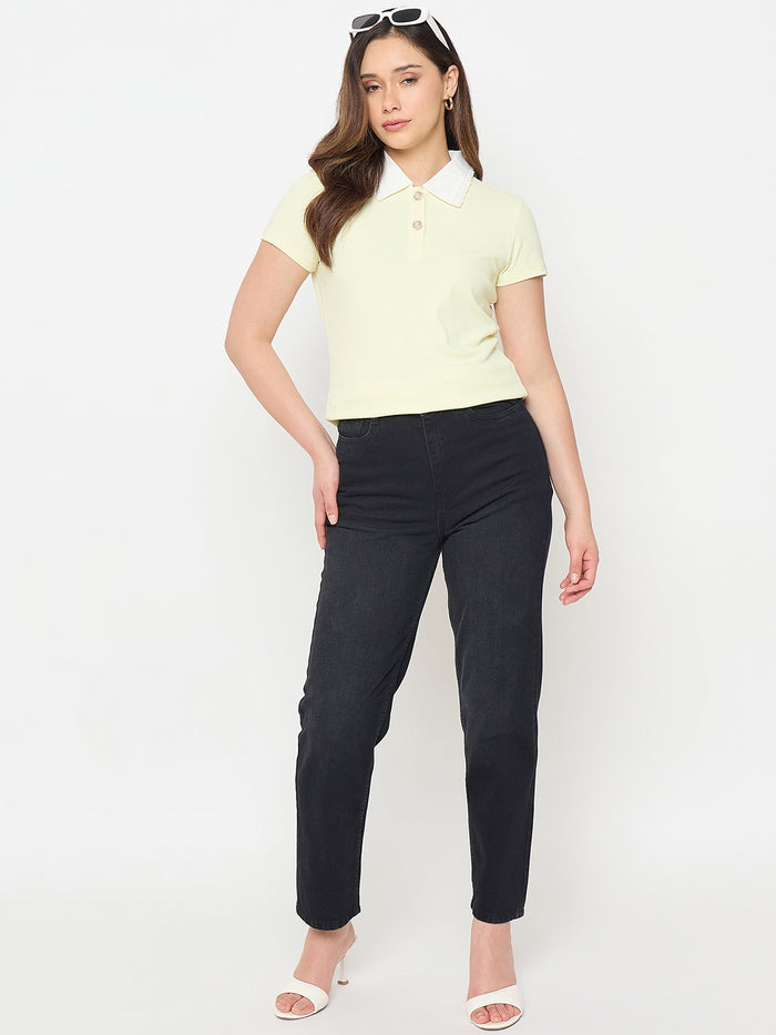 Madame Lemon Yellow Contrast Collar Polo T-shirt