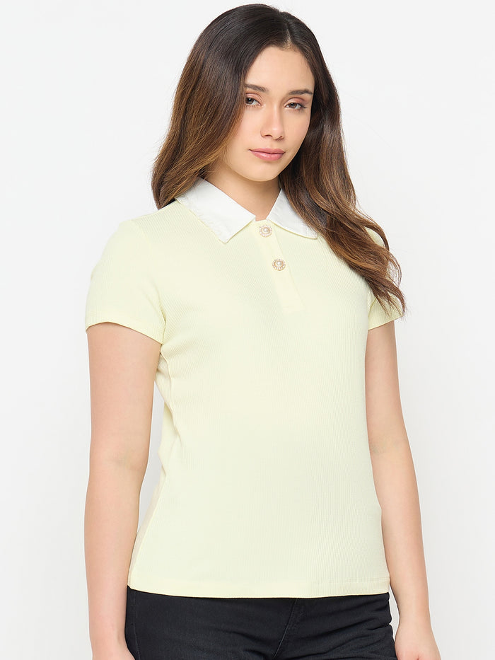 Madame Lemon Yellow Contrast Collar Polo T-shirt