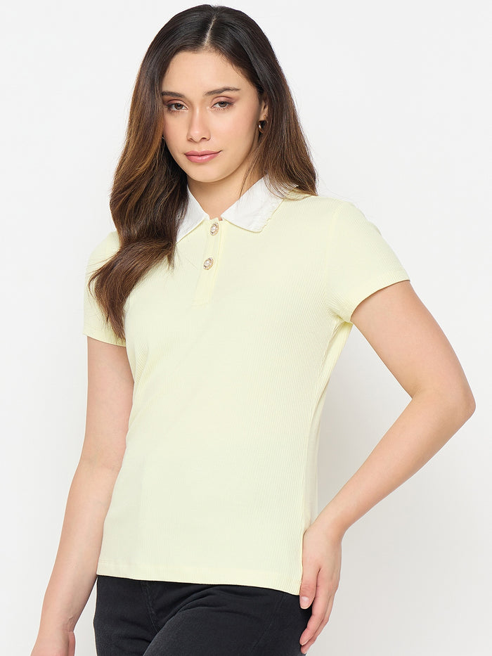 Madame Lemon Yellow Contrast Collar Polo T-shirt