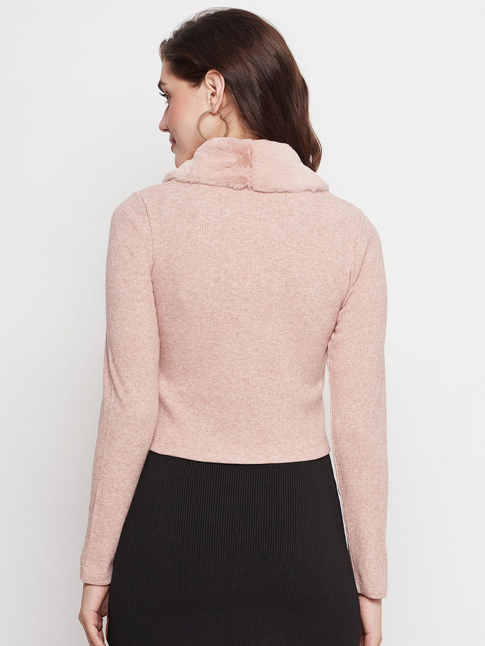 Madame Light Pink Rib-Knit Crop Cardigan