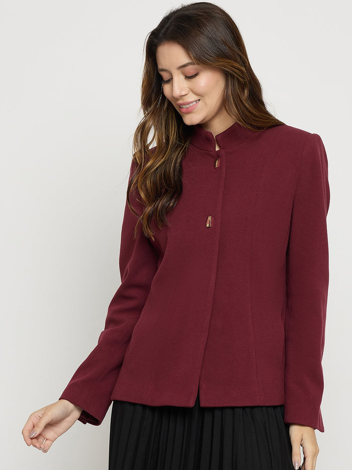 Madame Maroon Mock Neck Full Sleeve Short Coat