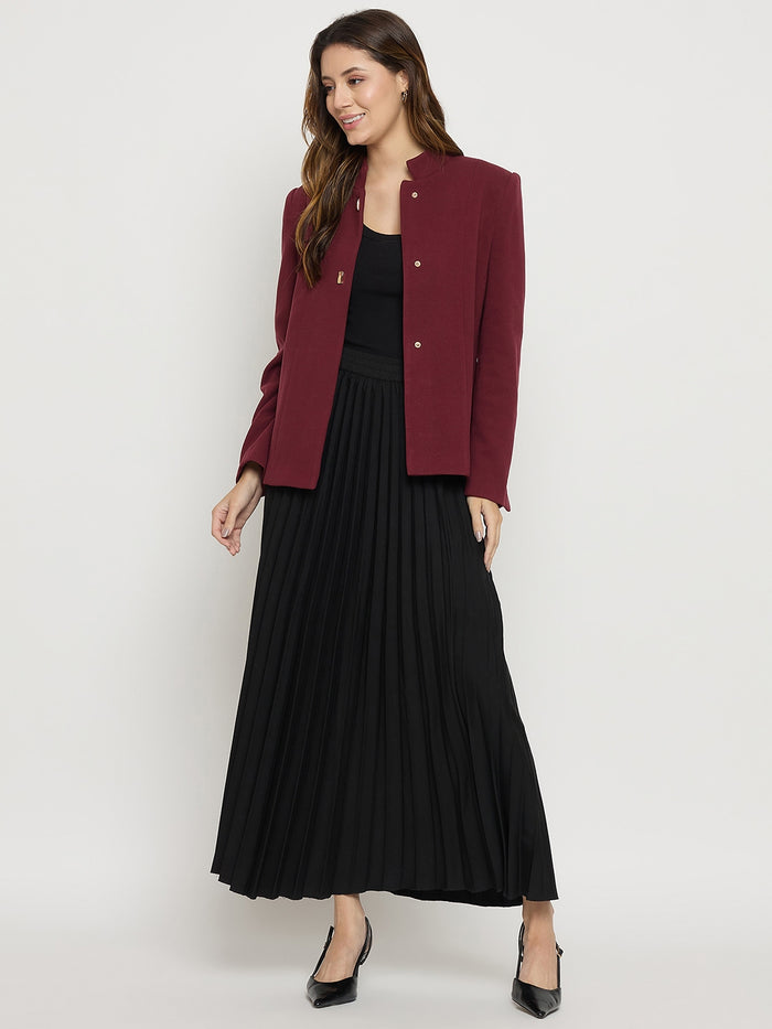 Madame Maroon Mock Neck Full Sleeve Short Coat