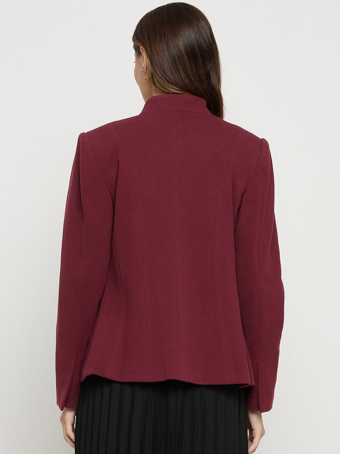 Madame Maroon Mock Neck Full Sleeve Short Coat