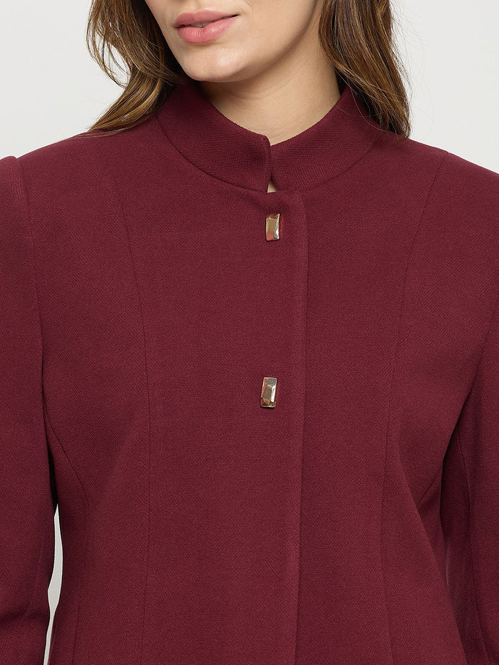 Madame Maroon Mock Neck Full Sleeve Short Coat