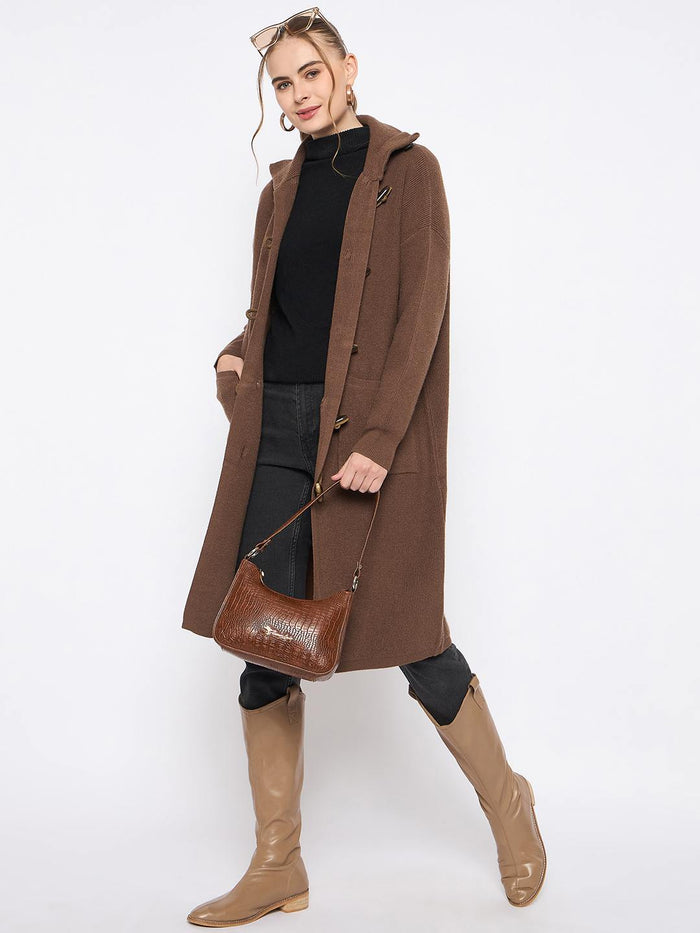 Madame Mock Neck Duffle Solid Brown Shrug