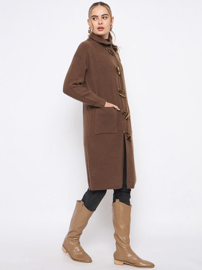 Madame Mock Neck Duffle Solid Brown Shrug