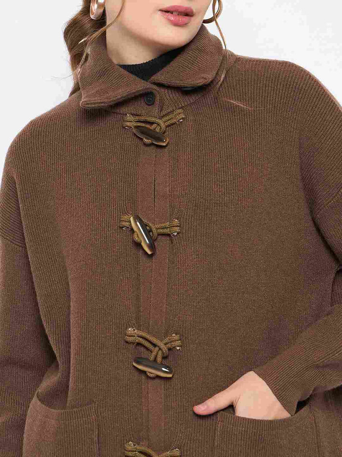 Madame Mock Neck Duffle Solid Brown Shrug