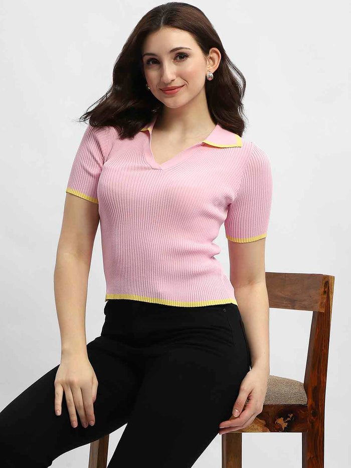 Madame Polo Neck Pink Ribbed T-Shirt