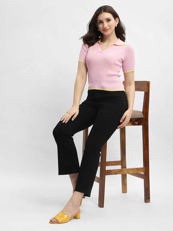 Madame Polo Neck Pink Ribbed T-Shirt