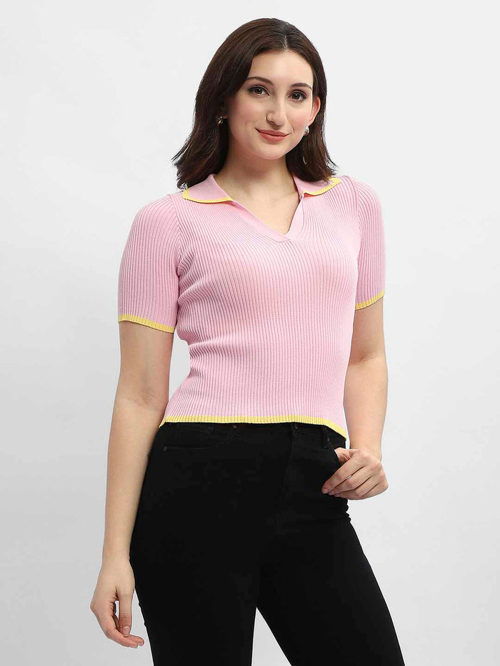 Madame Polo Neck Pink Ribbed T-Shirt