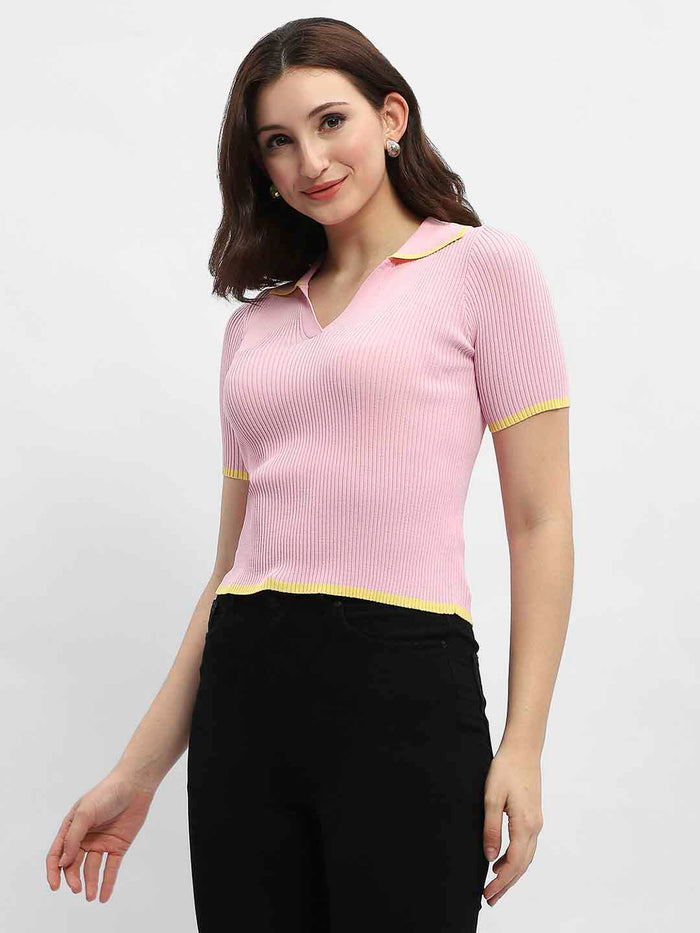 Madame Polo Neck Pink Ribbed T-Shirt