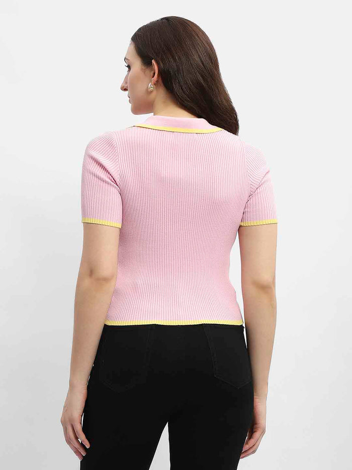 Madame Polo Neck Pink Ribbed T-Shirt