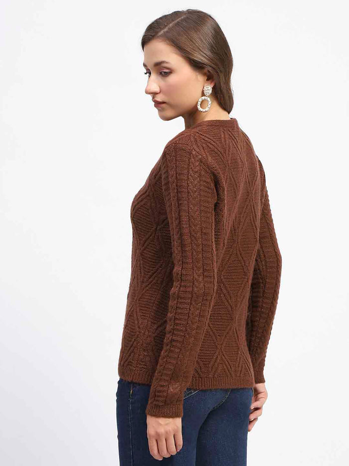 Madame Ribbed Cuff Geometric Pattern Brown Cardigan