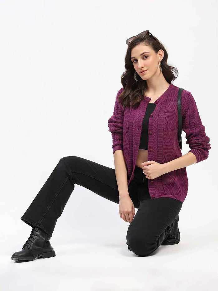 Madame Round Neck Button Down Plum Cardigan