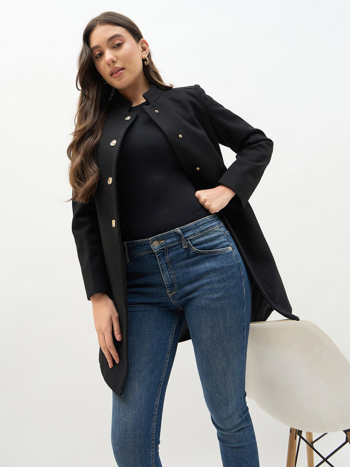 Madame Round Neck Embellished Black Long Coat
