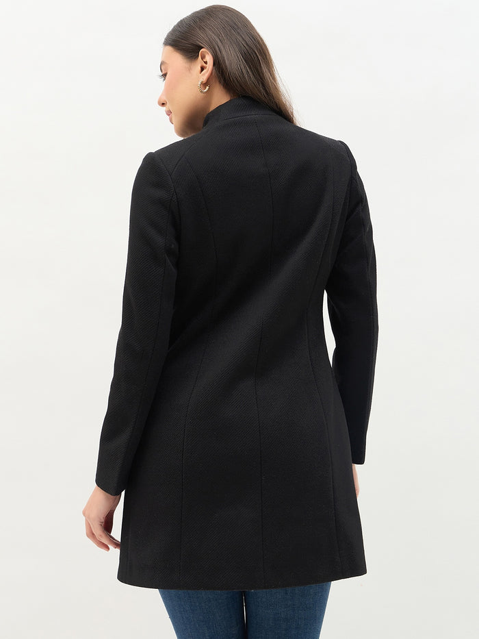 Madame Round Neck Embellished Black Long Coat