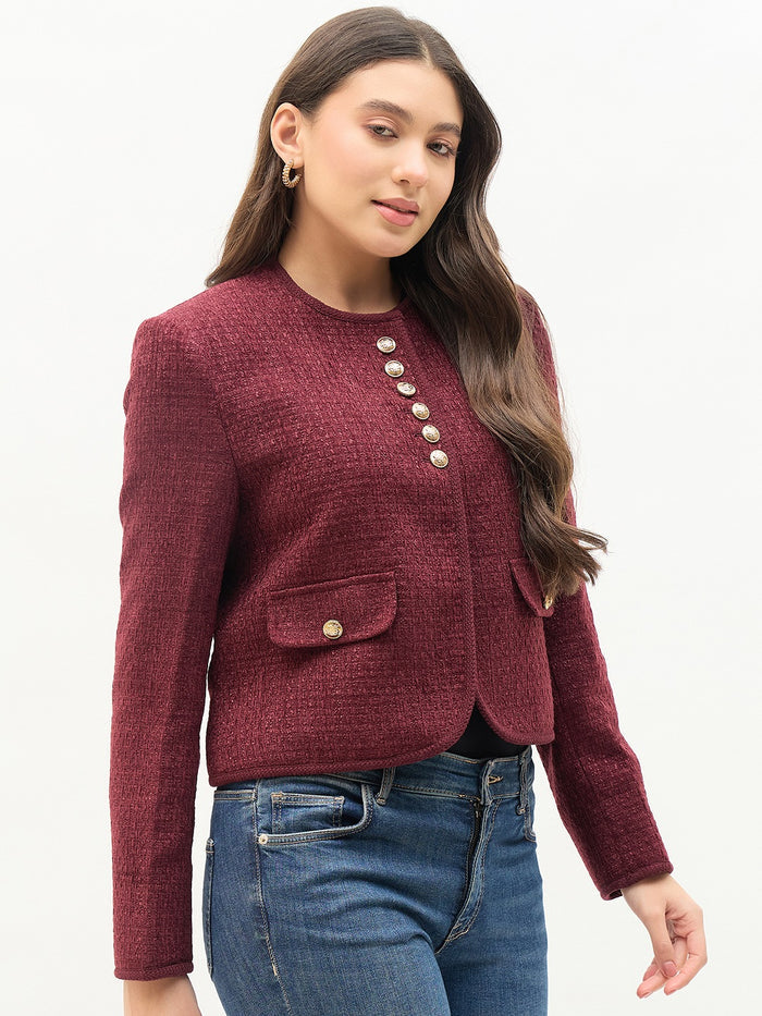 Madame Round Neck Embellished Maroon Blazer