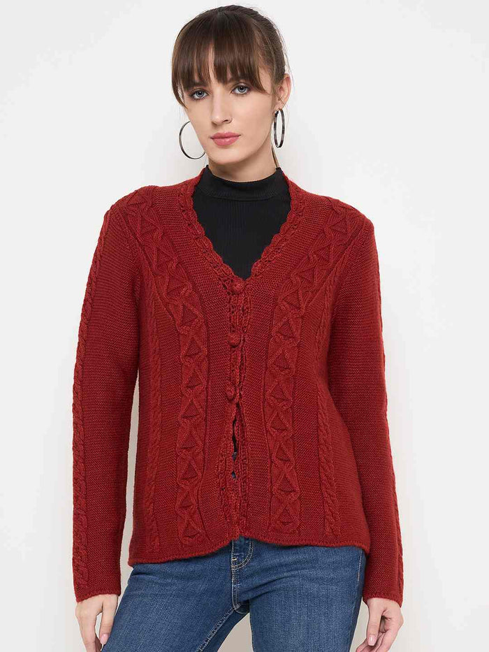 Madame Rust Red Cable Knit Acrylic Cardigan