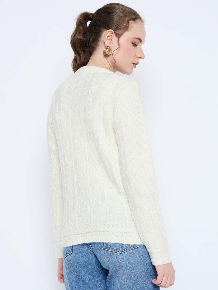 Madame Self Design Crew Neck Off White Cardigan