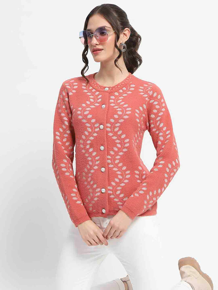 Madame Self Design Full Sleeve Cable Knit Rust Cardigan