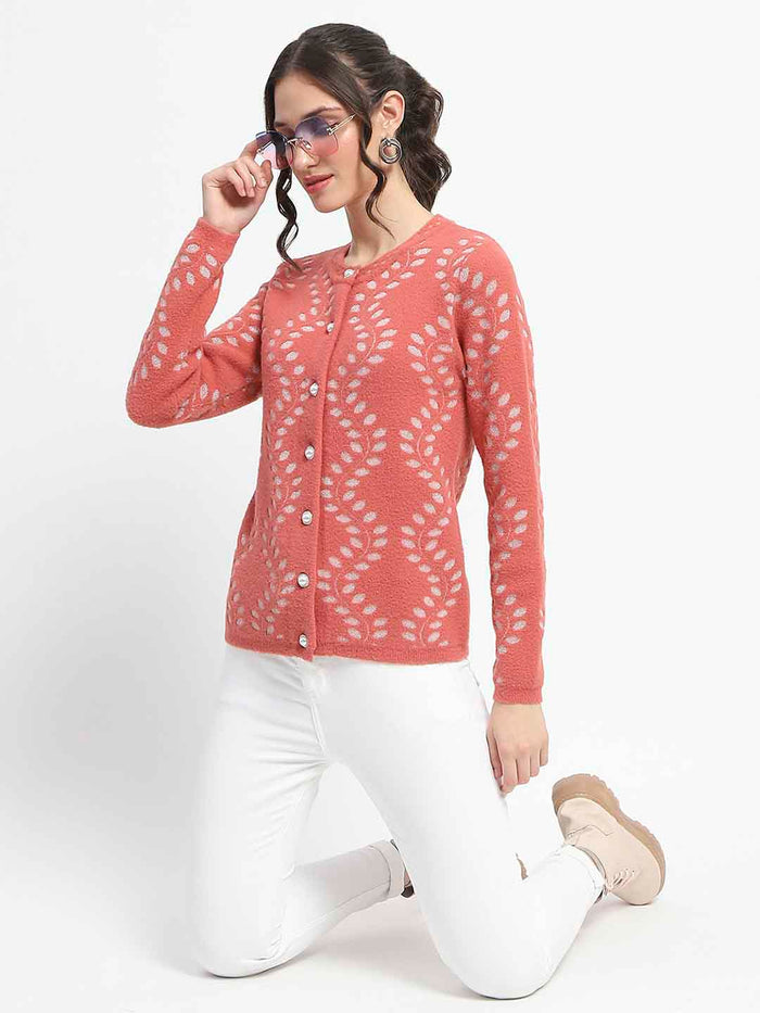 Madame Self Design Full Sleeve Cable Knit Rust Cardigan